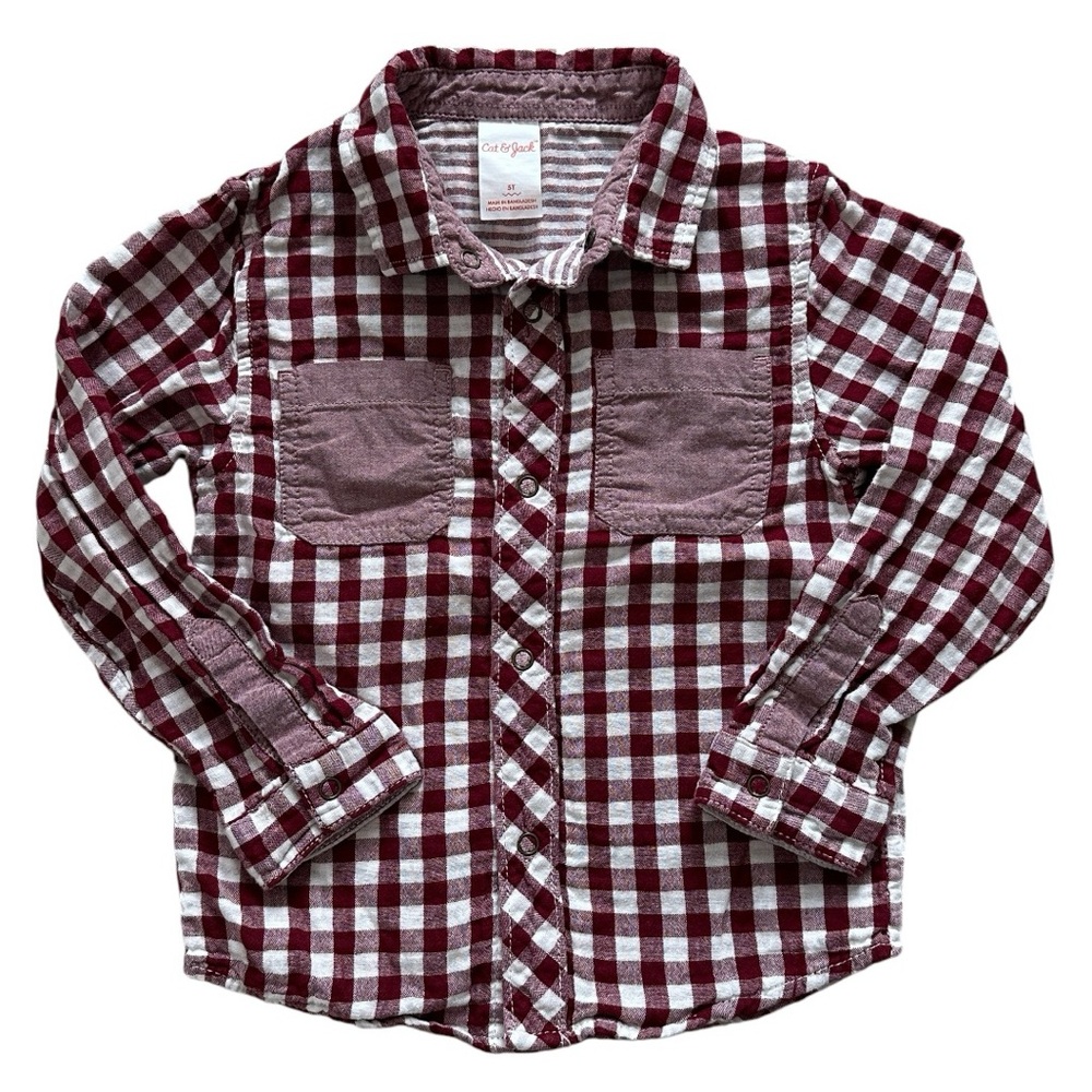 Cat & Jack Button-Front Shirt (100% Cotton Burgundy Gingham Plaid, Boys Size 5T)